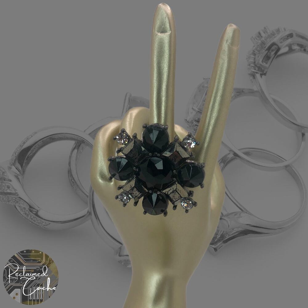 Black and Gun Metal Geometric Rhinestone Statement Ring - One Size Fits Most